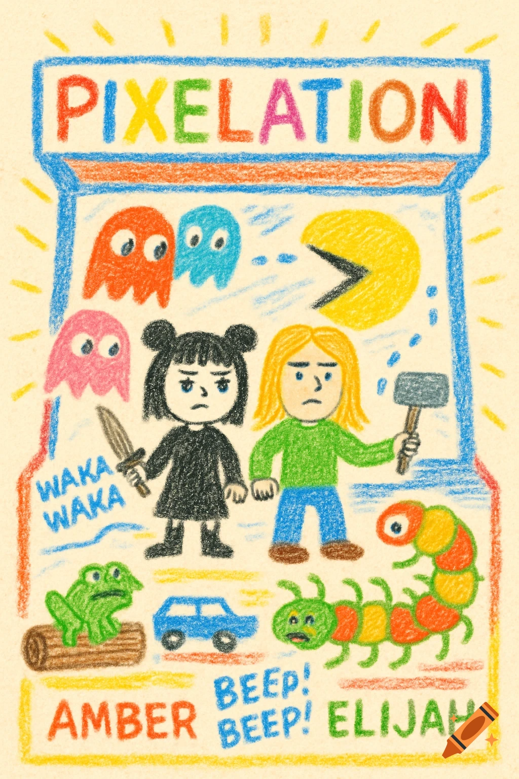Crayon drawing of a movie poster for 'PIXELATION', featuring two characters, Amber and Elijah, fighting Pac-Man ghosts, Frogger, and Centipede inside an arcade machine.