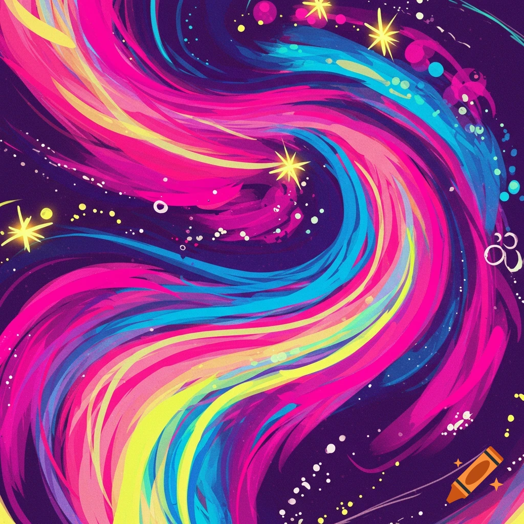 A vibrant, swirling abstract design featuring streaks of pink, blue, yellow, and purple with scattered white dots and yellow stars against a dark background.