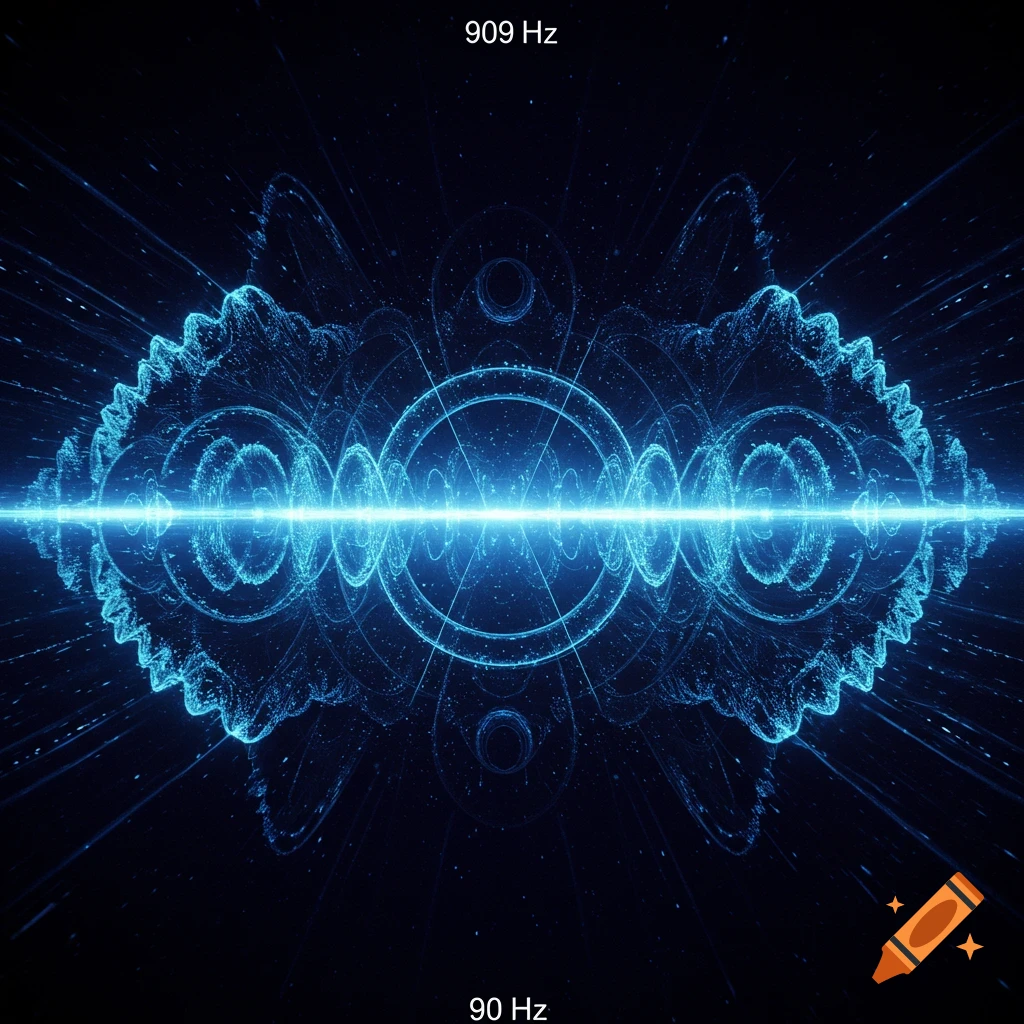 A glowing abstract blue visualization of sound waves or energy with intricate symmetrical patterns emanating from a central horizontal line on a dark background.