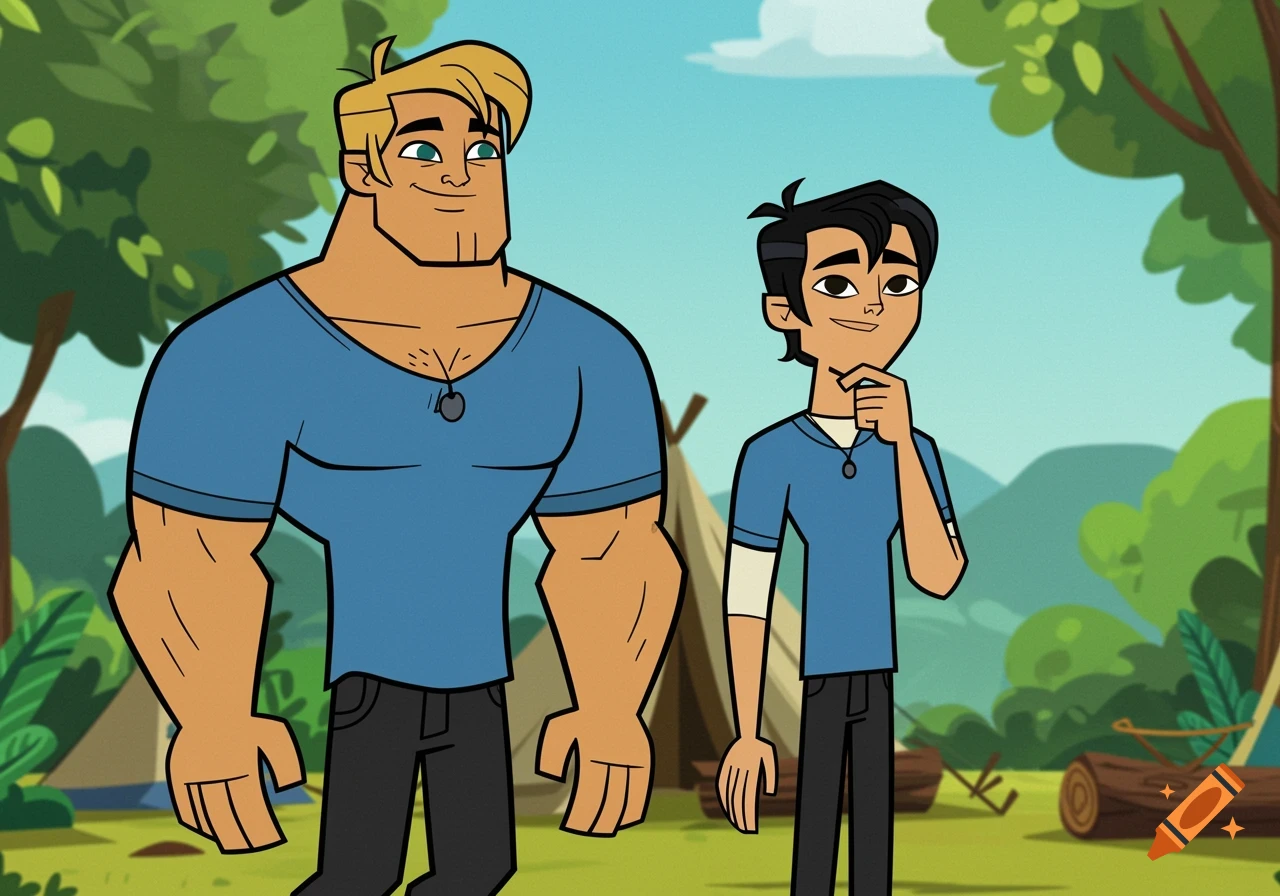 Two male cartoon characters, one tall and muscular, the other shorter, stand in a camp setting. Both wear blue shirts and black pants.