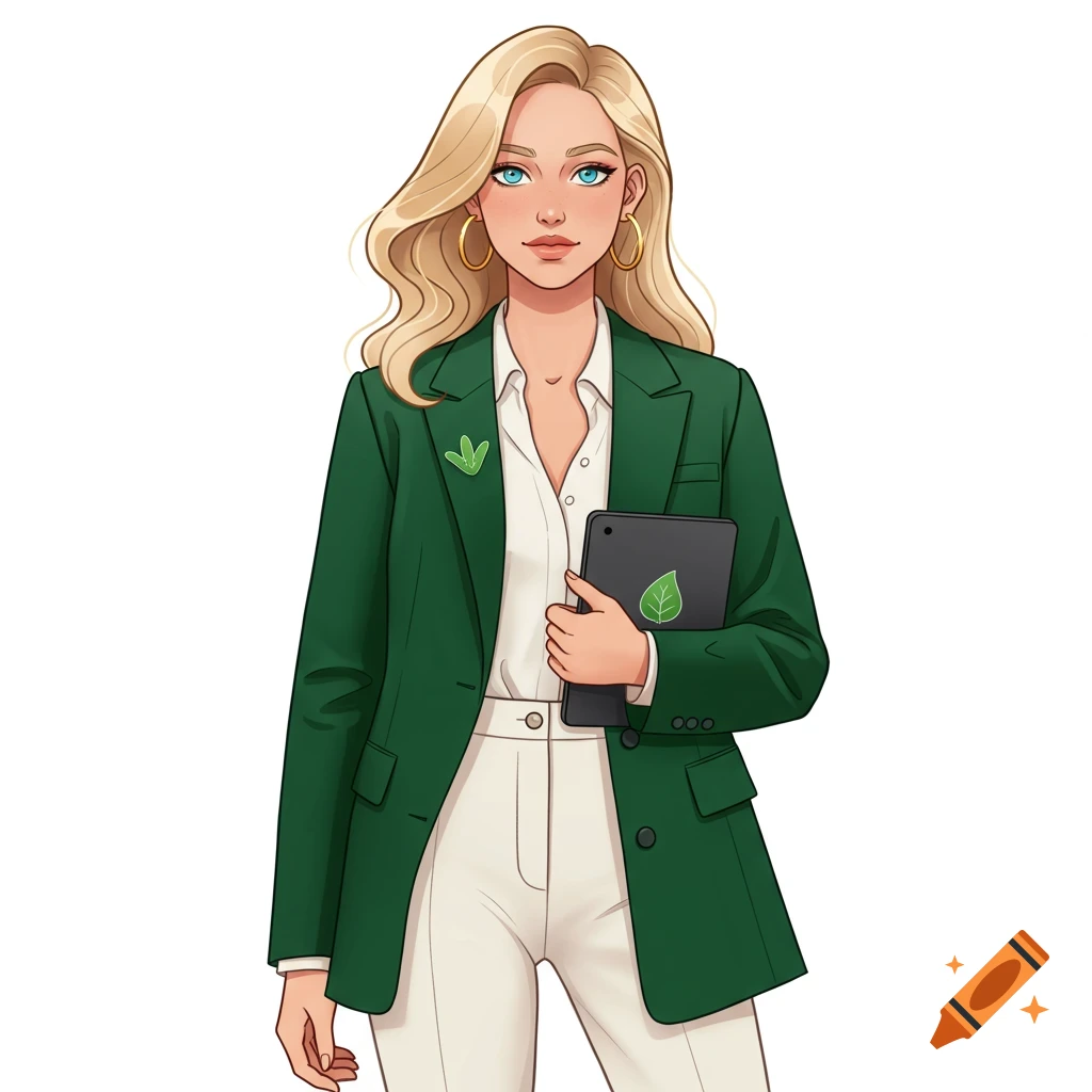 A blonde woman in a green blazer and ivory trousers, holding a tablet, in a cel-shaded cartoon style.