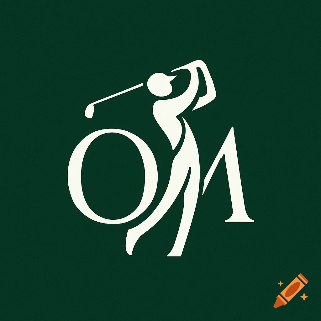 Minimalist logo featuring a white golfer silhouette intertwined with the letters 'O' and 'M' on a dark green background.