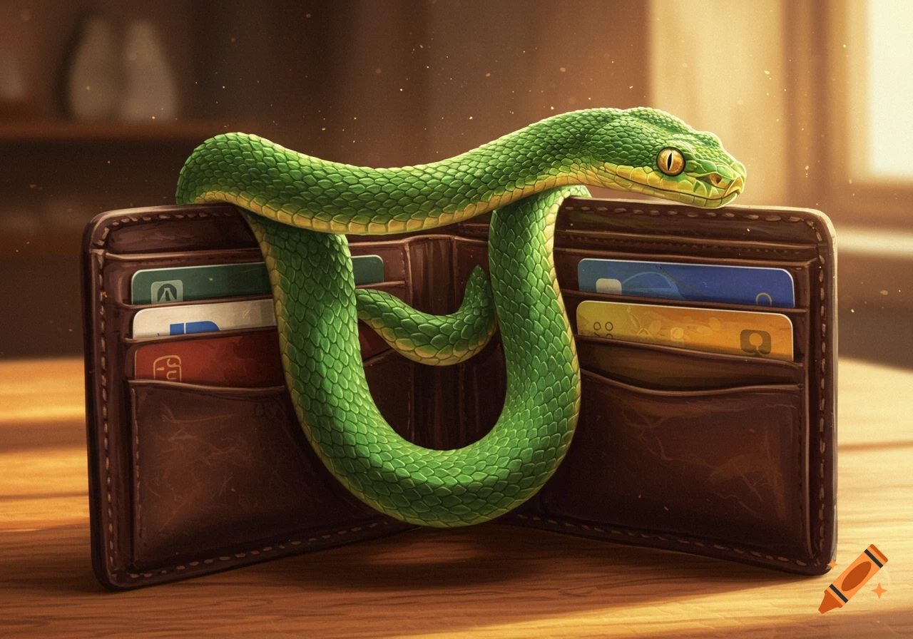 A vibrant green snake coiled around a brown leather wallet filled with credit cards, on a wooden surface.