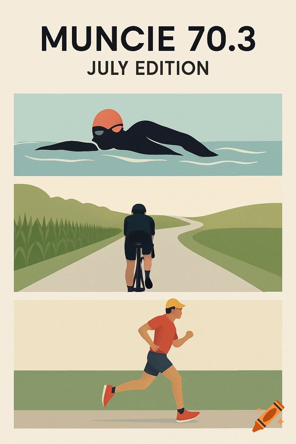 Minimalist poster for Muncie 70.3 July Edition, showing a swimmer, cyclist, and runner in separate panels.