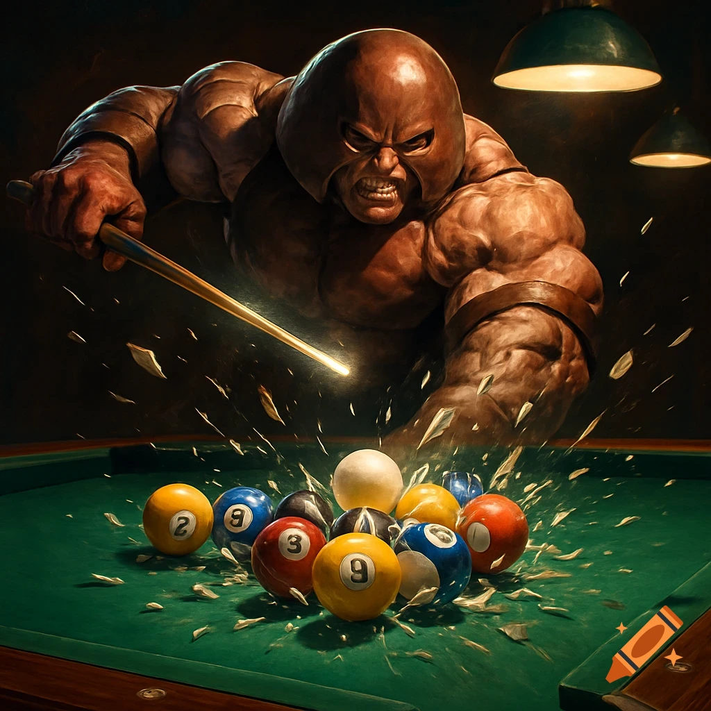 A powerful, helmeted Juggernaut-like figure smashes a rack of billiard balls on a green pool table, debris flying.