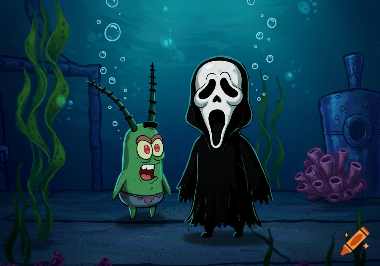 A cartoon depiction of Plankton from SpongeBob standing next to Ghostface from Scream underwater.