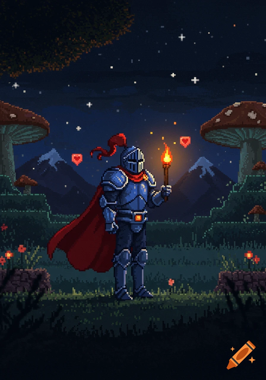 Pixel art knight in blue armor and red cape holding a torch in a night landscape with large mushrooms and mountains.