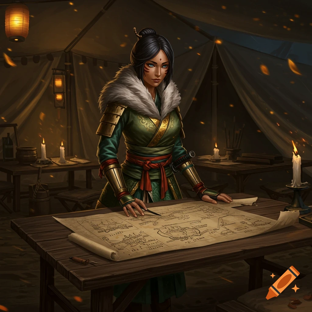 A stylized illustration of a Japanese woman in a fur-lined green and gold outfit, standing in a tent and looking over a large battle map on a wooden table. Candles illuminate the scene.