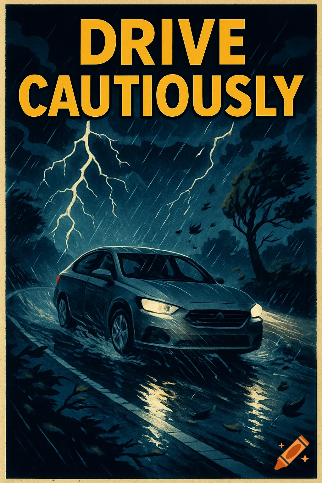 Vintage-style poster of a car driving through heavy rain and lightning, with text 'DRIVE CAUTIOUSLY'.