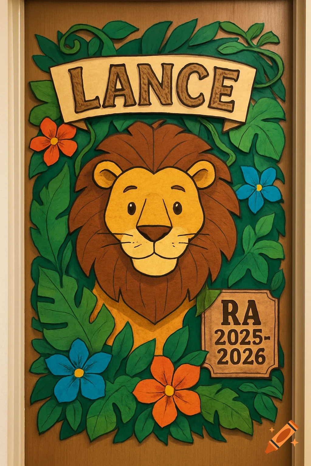 A cartoon lion door decoration surrounded by jungle leaves and flowers with the name 'LANCE' and 'RA 2025-2026'.
