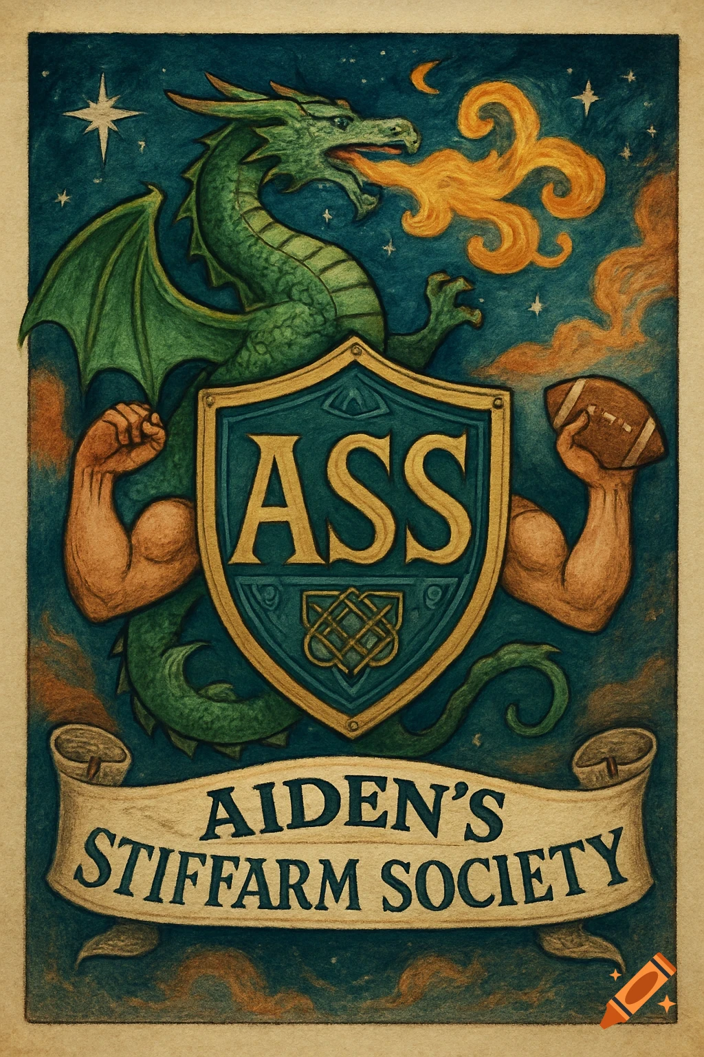 A vintage-style fantasy football logo with a green dragon, a shield marked 'ASS', and a banner reading 'Aiden's Stiffarm Society'.