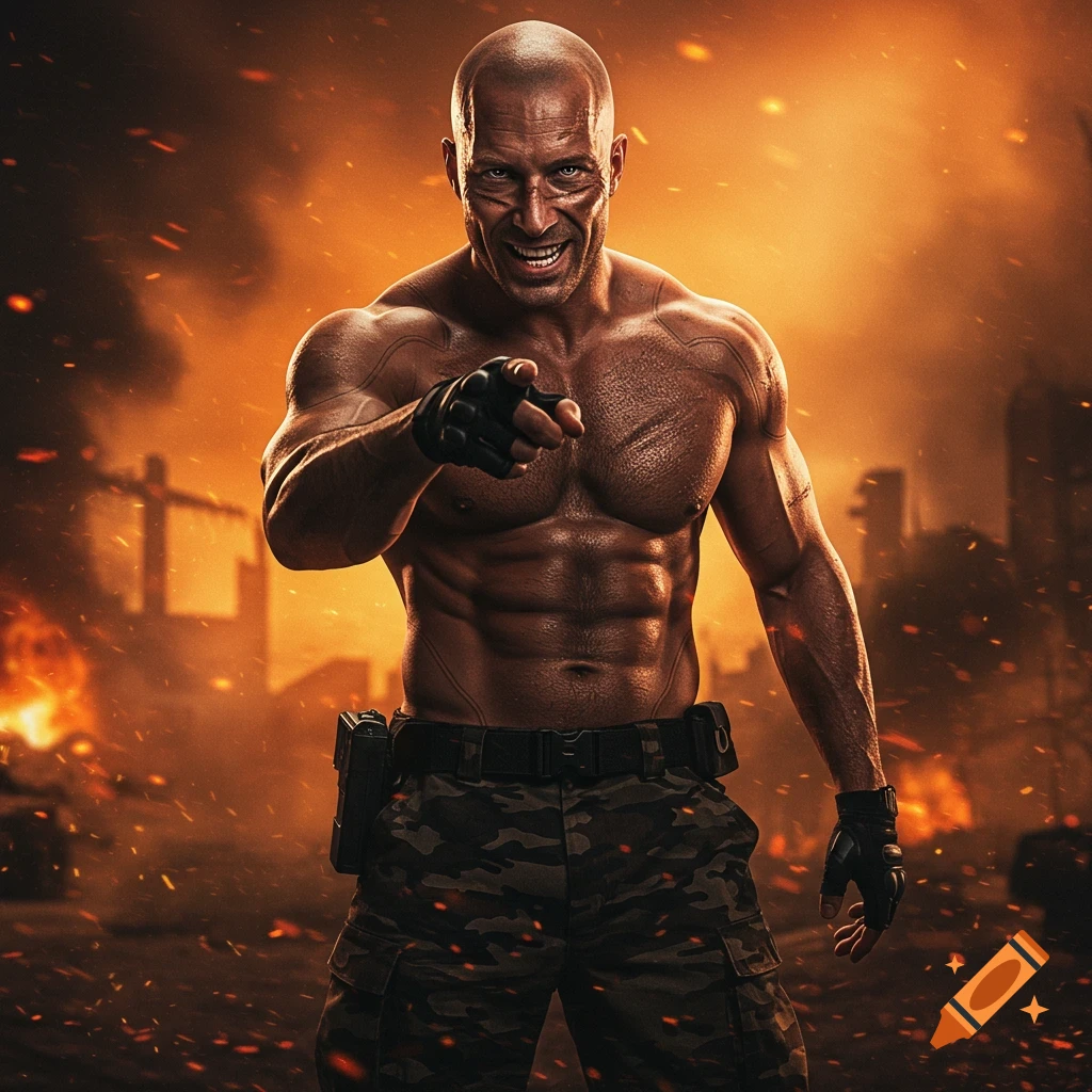 A bald, muscular soldier in camo pants points forward, with an intense expression, against a fiery, battle-torn background.