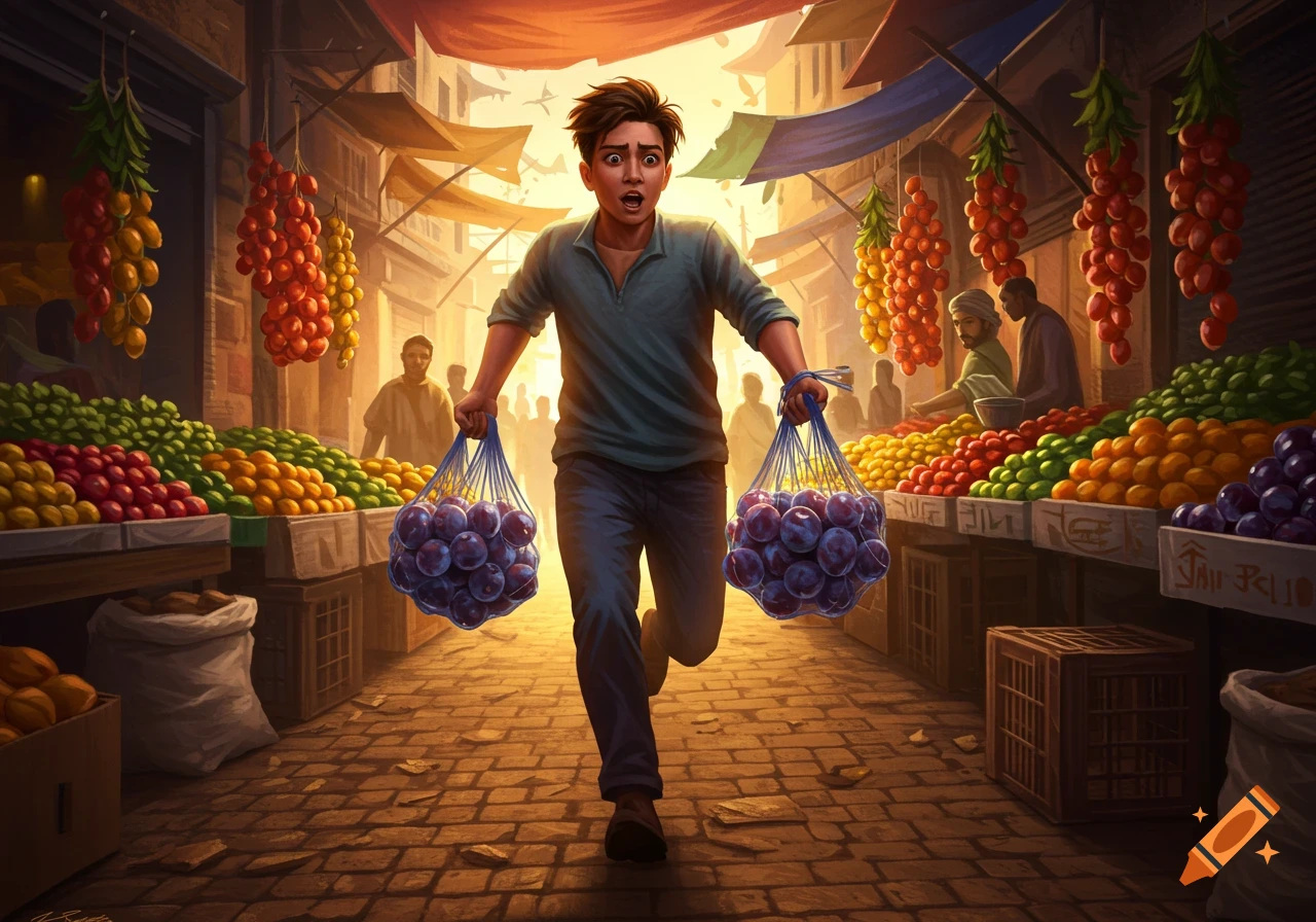 A young man with a surprised expression runs through a busy market, carrying two large bags full of plums.