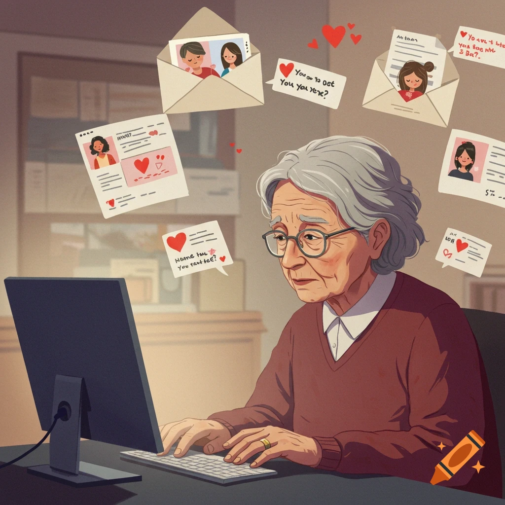 An elderly woman with glasses intently types on a computer keyboard, surrounded by floating digital messages and envelopes depicting young couples and hearts, in an illustrative style.