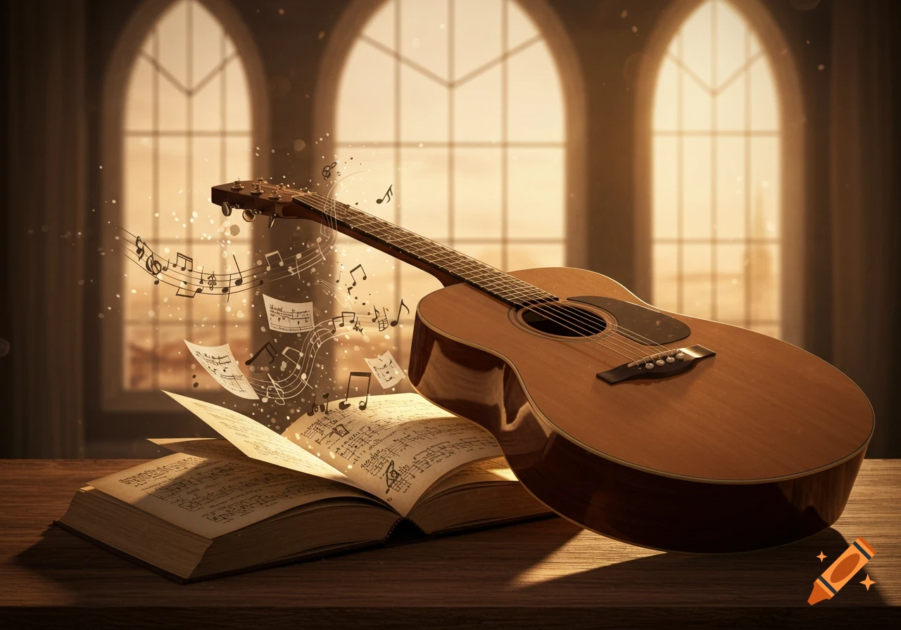 A stylized illustration of an acoustic guitar leaning against an open music book on a wooden table, with musical notes floating in the air. Sunlight streams through arched windows in the background.