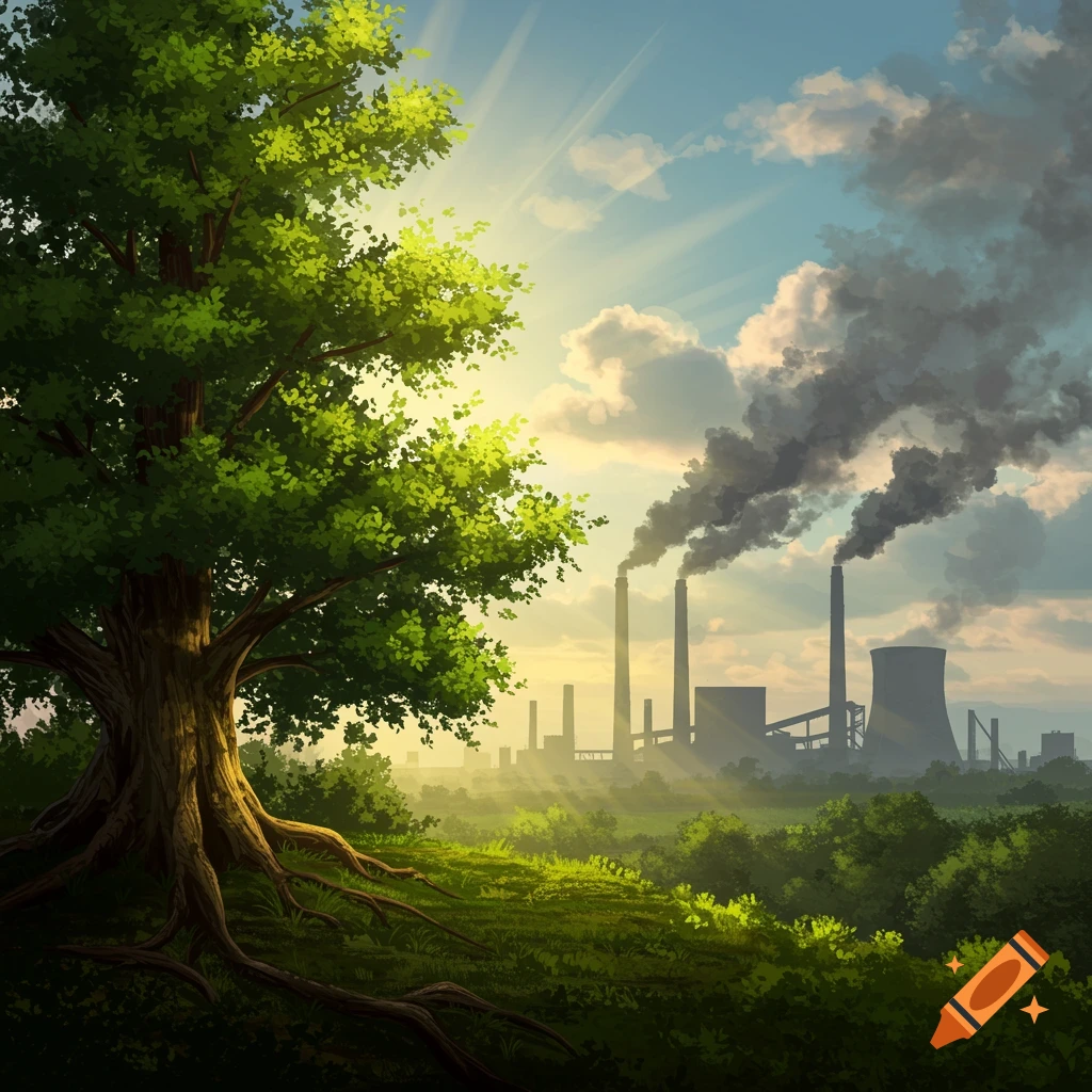 A vibrant green tree on a grassy hill in the foreground, with a large industrial factory emitting smoke in the background under a bright sky.