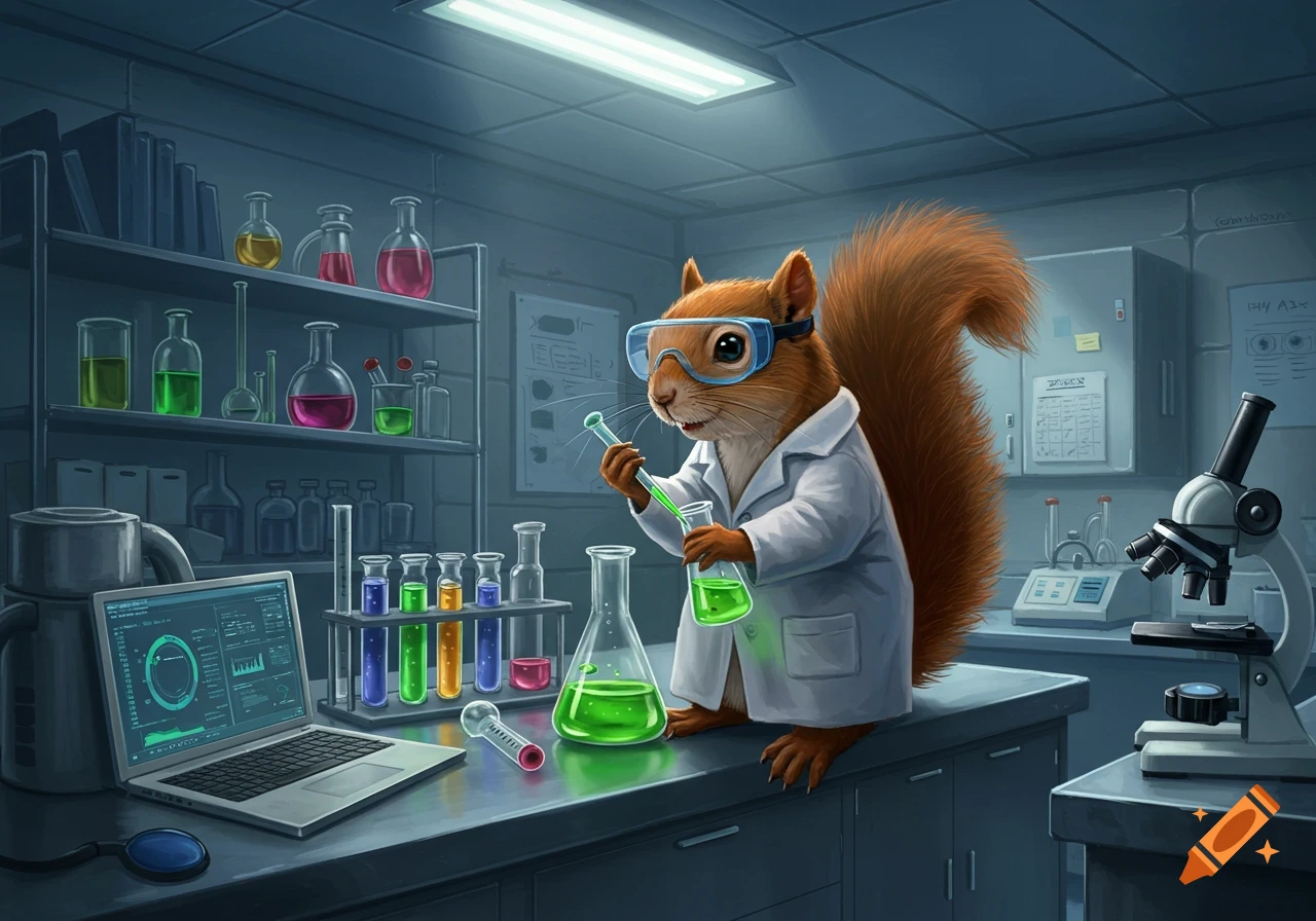 A squirrel wearing a lab coat and safety goggles works in a chemistry lab, holding test tubes with green liquid.