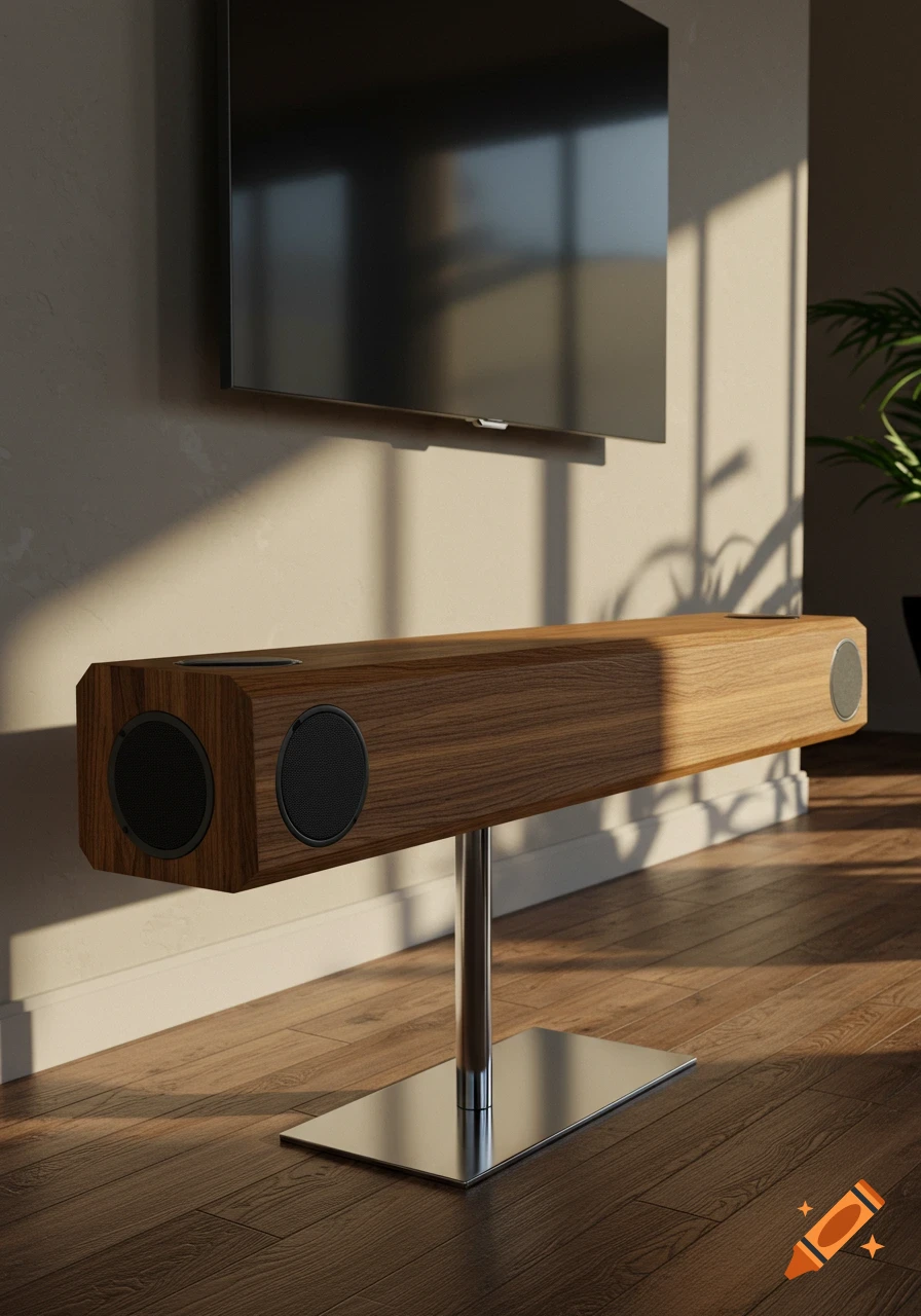 A modern wooden soundbar with black speakers on a tall chrome stand, positioned below a wall-mounted television in a sunlit room.