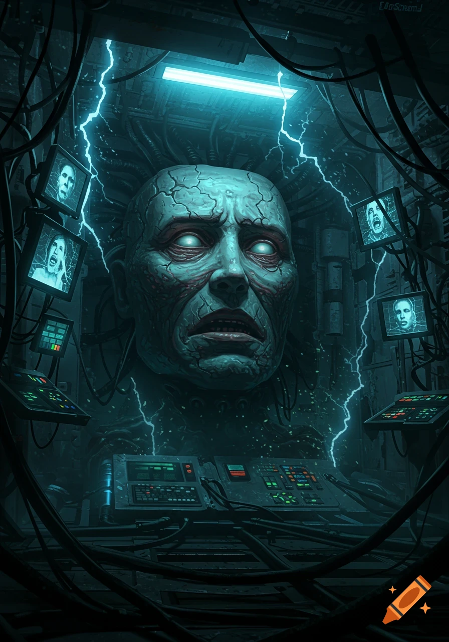 A large, pale, distressed human head with glowing eyes, covered in cracks and wires, surrounded by lightning, monitors showing screaming faces, and complex machinery in a dark, sci-fi setting.