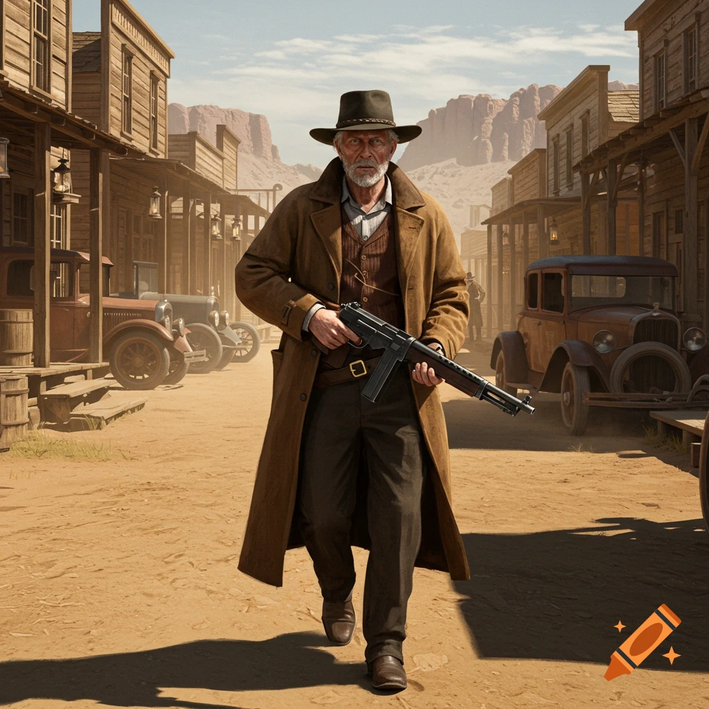 An old man in a long coat and hat walks down a dusty Western street holding a submachine gun, with vintage cars parked along wooden buildings.