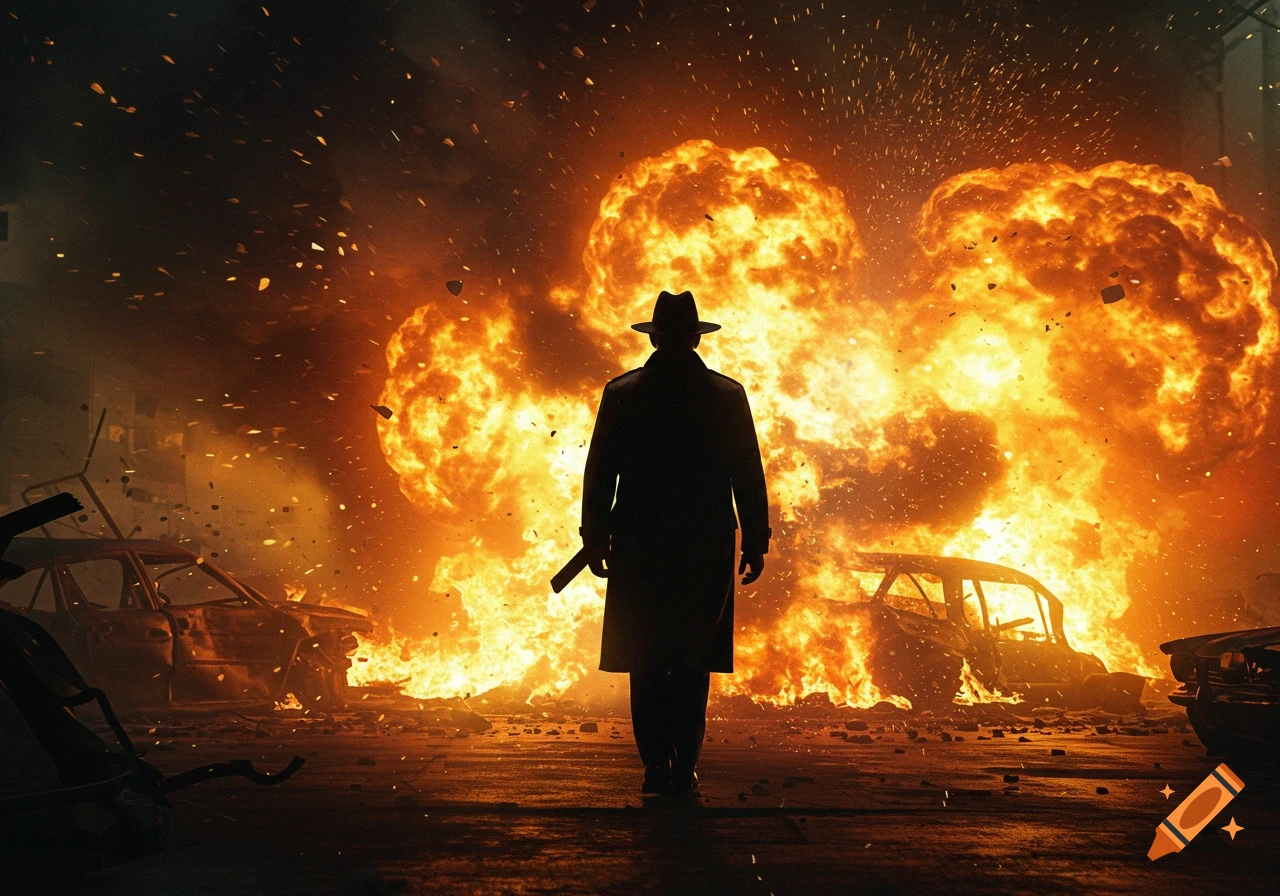 A man in a trench coat and fedora walks away from a massive explosion with destroyed cars in a dramatic, photorealistic style.