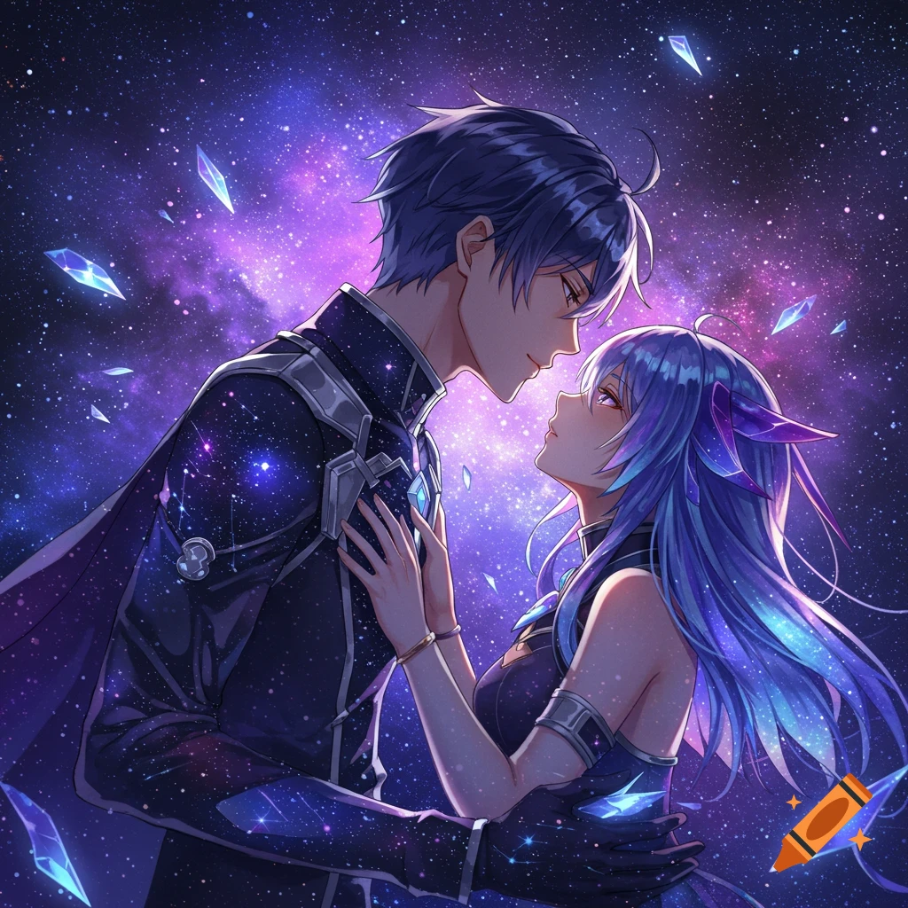 Anime style image of a man and woman embracing against a purple starry galaxy background with glowing crystals.