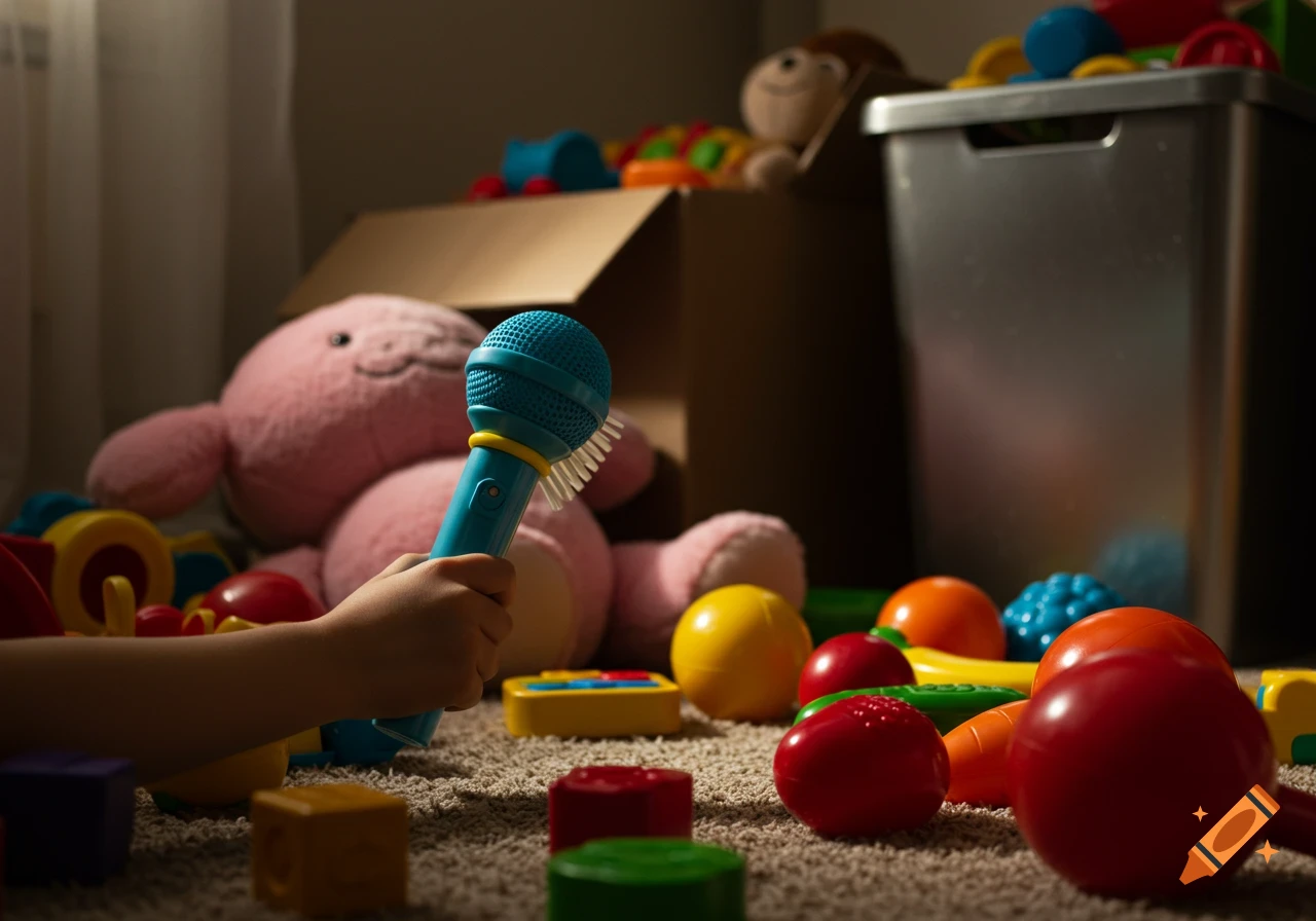 A child's hand holds a blue toy microphone in a dimly lit, cluttered playroom with colorful toys scattered on the carpet.