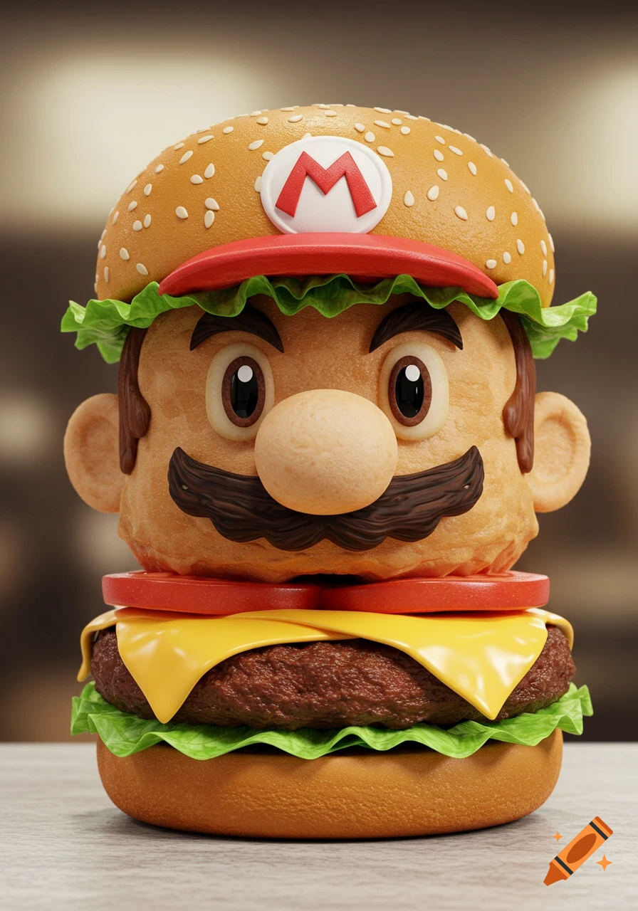 A stylized burger made to look like Mario, with a bun for his cap and face, and burger ingredients forming his features.