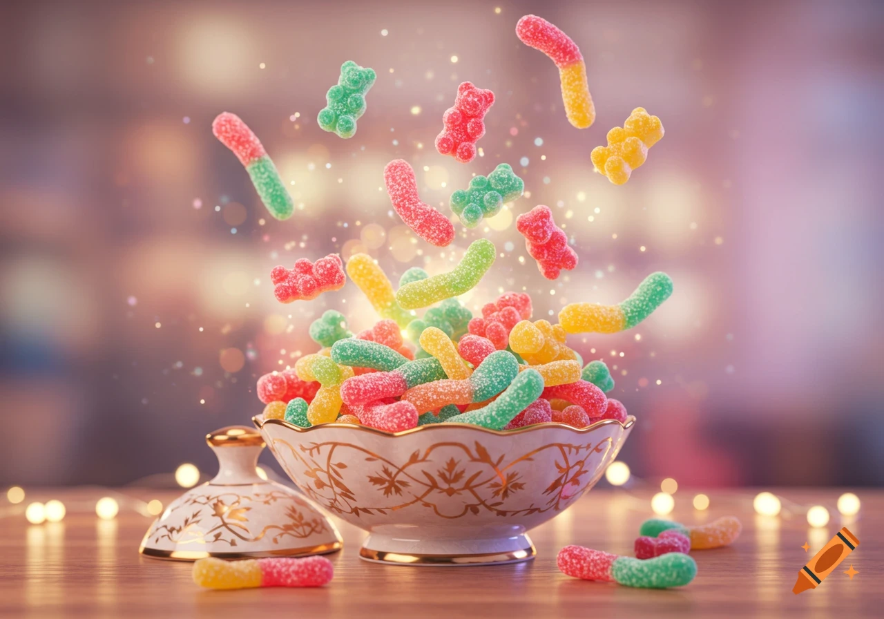 Vibrant gummy bears and worms fall into and around a white and gold bowl on a wooden surface with sparkling lights.