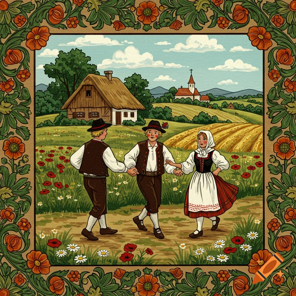 Three people in traditional folk costumes dance in a flower-filled field with a village in the background, in a colorful folk art style.
