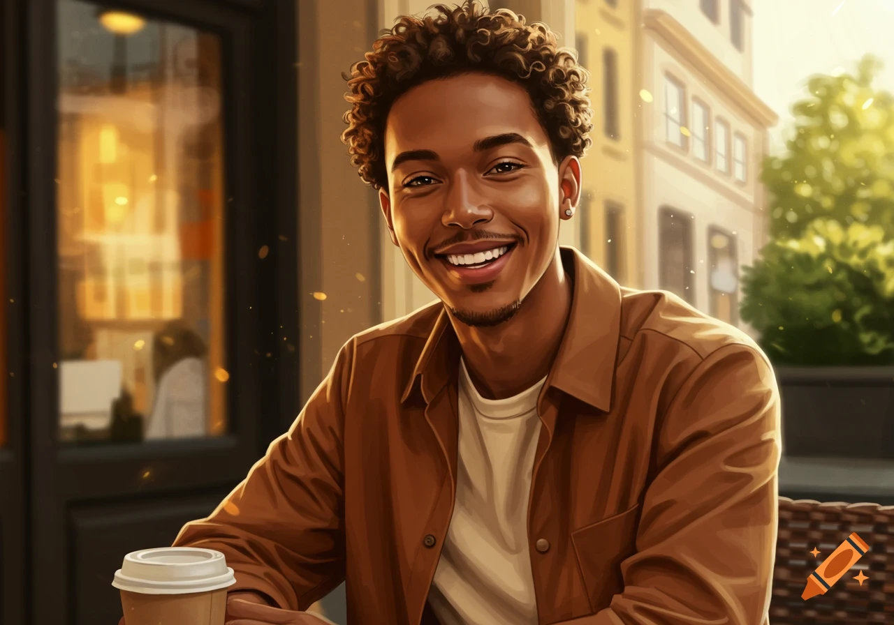 A smiling young Black man with curly hair and a brown shirt sits outdoors at a cafe table, holding a coffee cup.