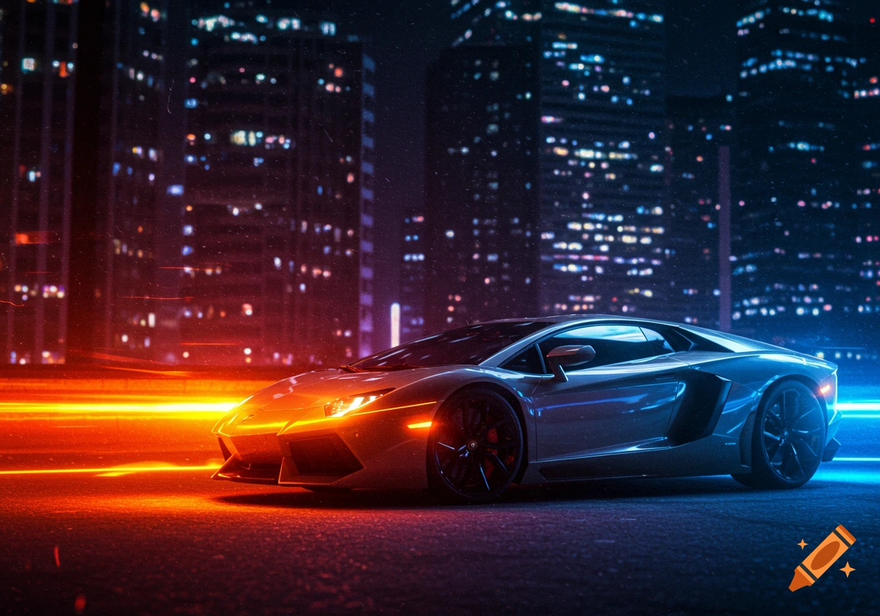 A photorealistic image of a sleek Lamborghini car on a wet city street at night, glowing with vibrant red and blue neon light trails.