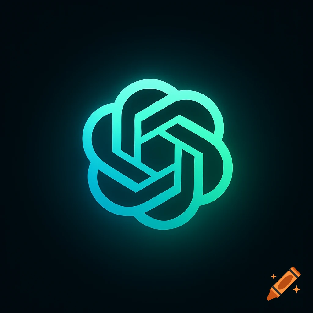 The abstract ChatGPT logo, a glowing teal and blue gradient intertwined knot-like symbol, centered on a dark background.