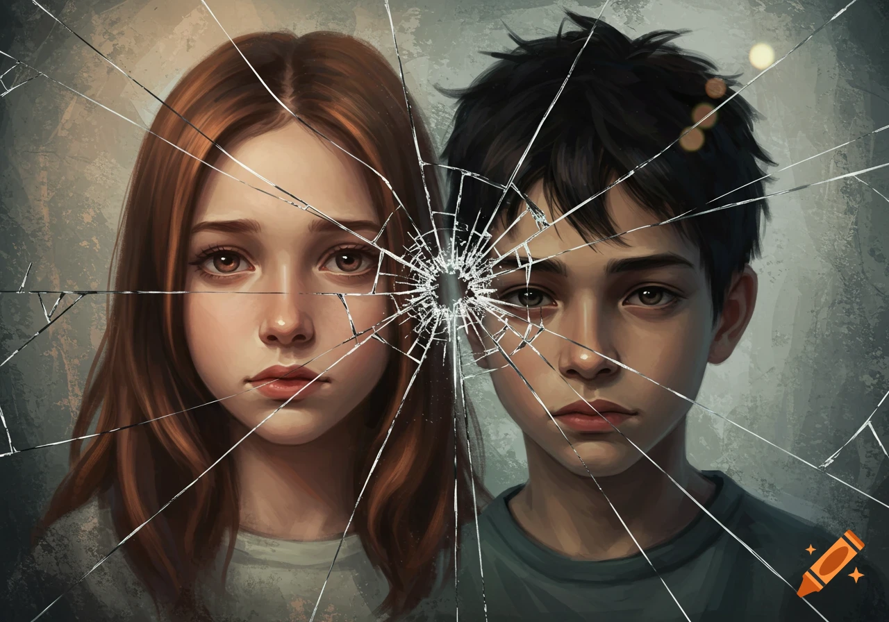 A digital painting of a girl and a boy separated by shattered glass, both with neutral to sad expressions.