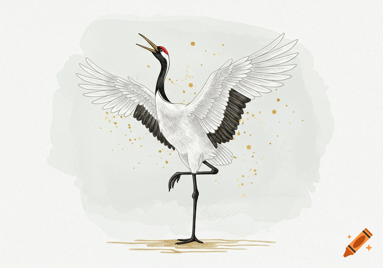 A stylized red-crowned crane with outstretched wings stands on one leg, against a watercolor background with gold splatters.