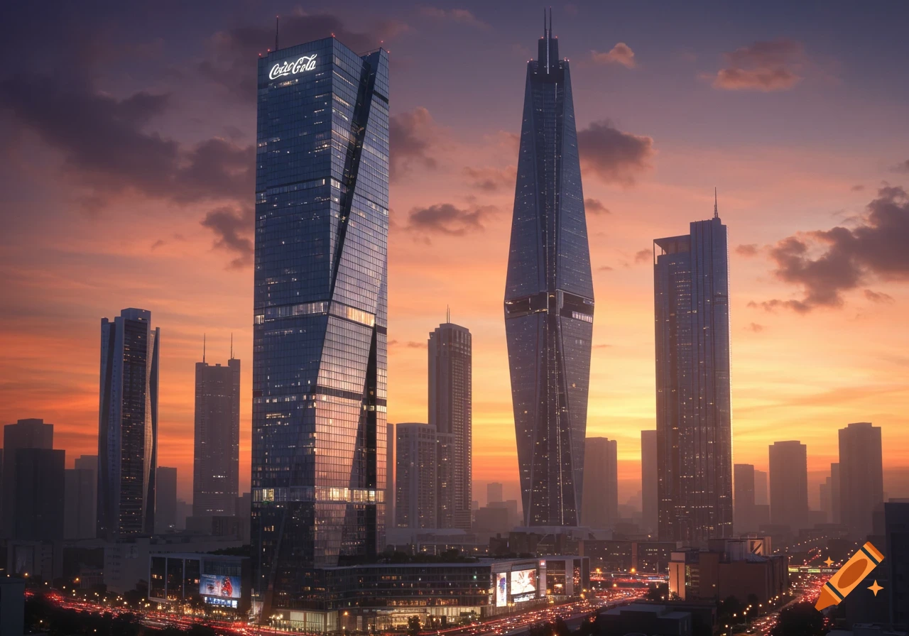 Photorealistic cityscape featuring several modern skyscrapers with glowing windows against a vibrant orange and purple sunset sky, with busy illuminated roads below.