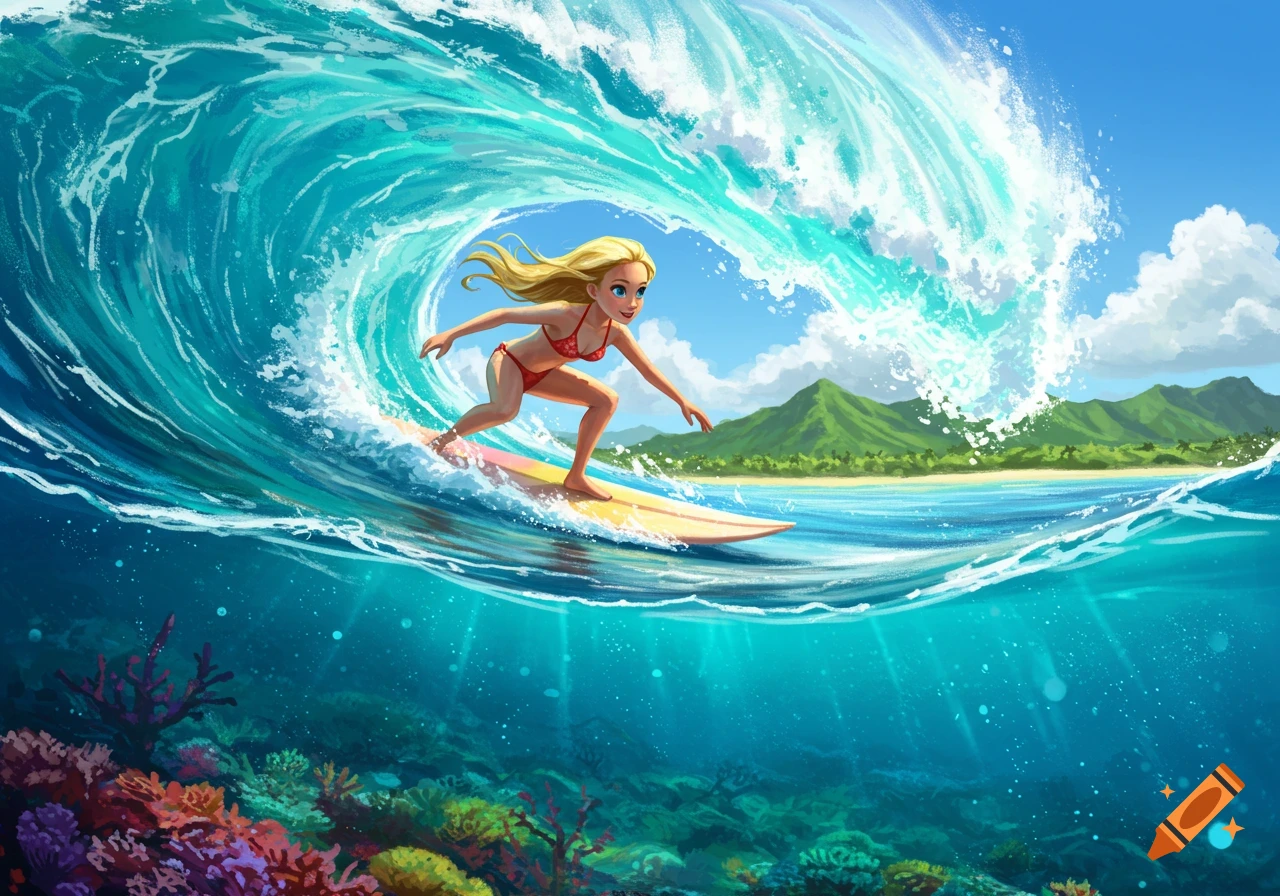A blonde cartoon girl surfs inside a large blue wave, with a tropical beach, mountains, and colorful coral reef visible.
