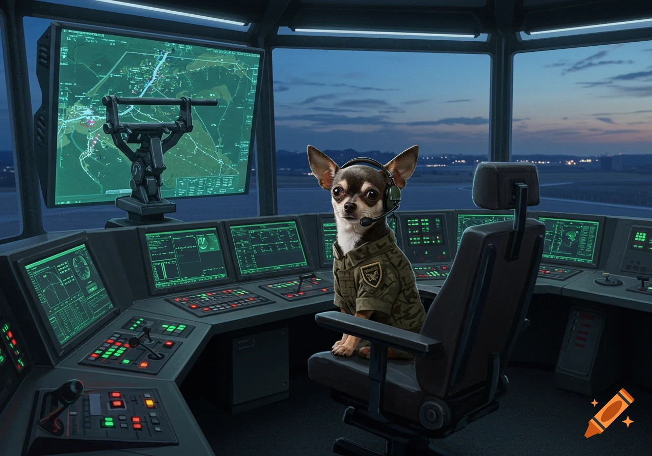A chihuahua wearing a military uniform and a headset sits in a large control room, appearing to operate an air defense system with multiple glowing green screens.