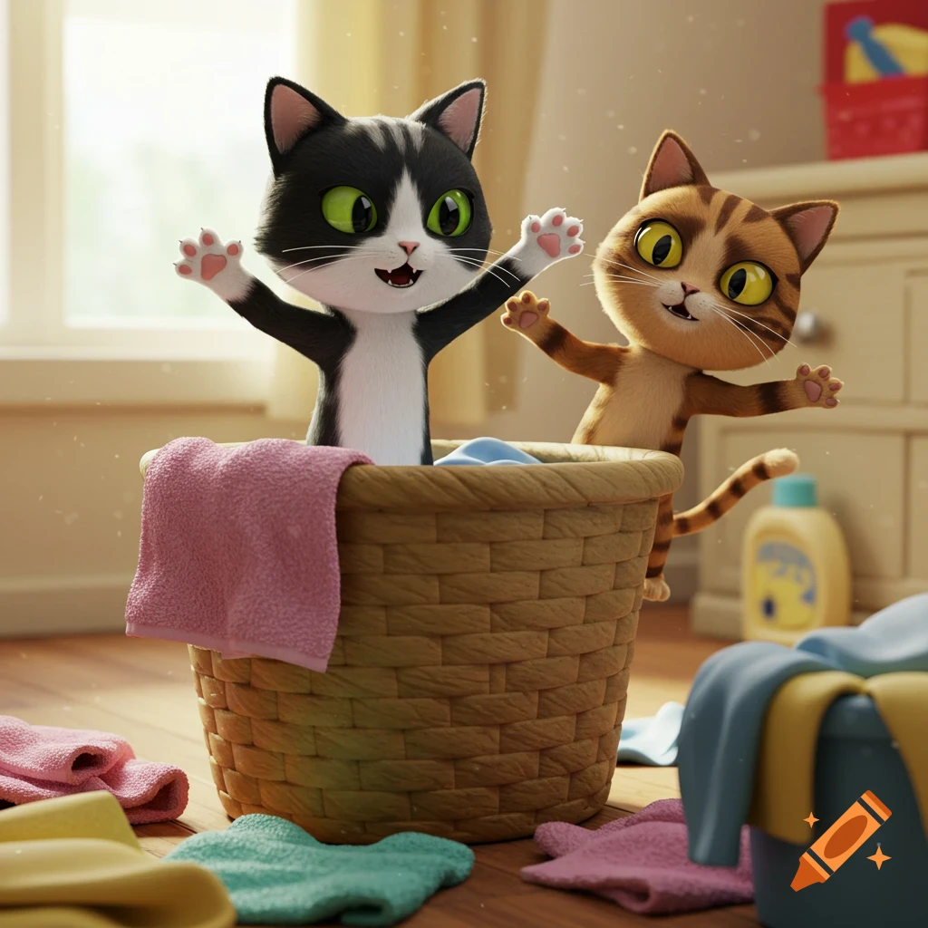Two playful cartoon cats, a black and white tuxedo cat and a brown tabby, jump out of a laundry basket in a 3D animation style.