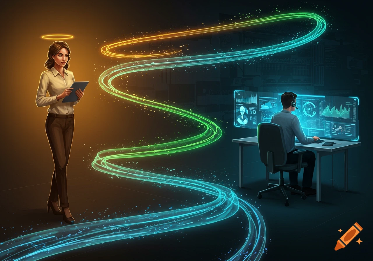 An illustrative image of a woman with a halo and a man at computer screens connected by glowing data trails.