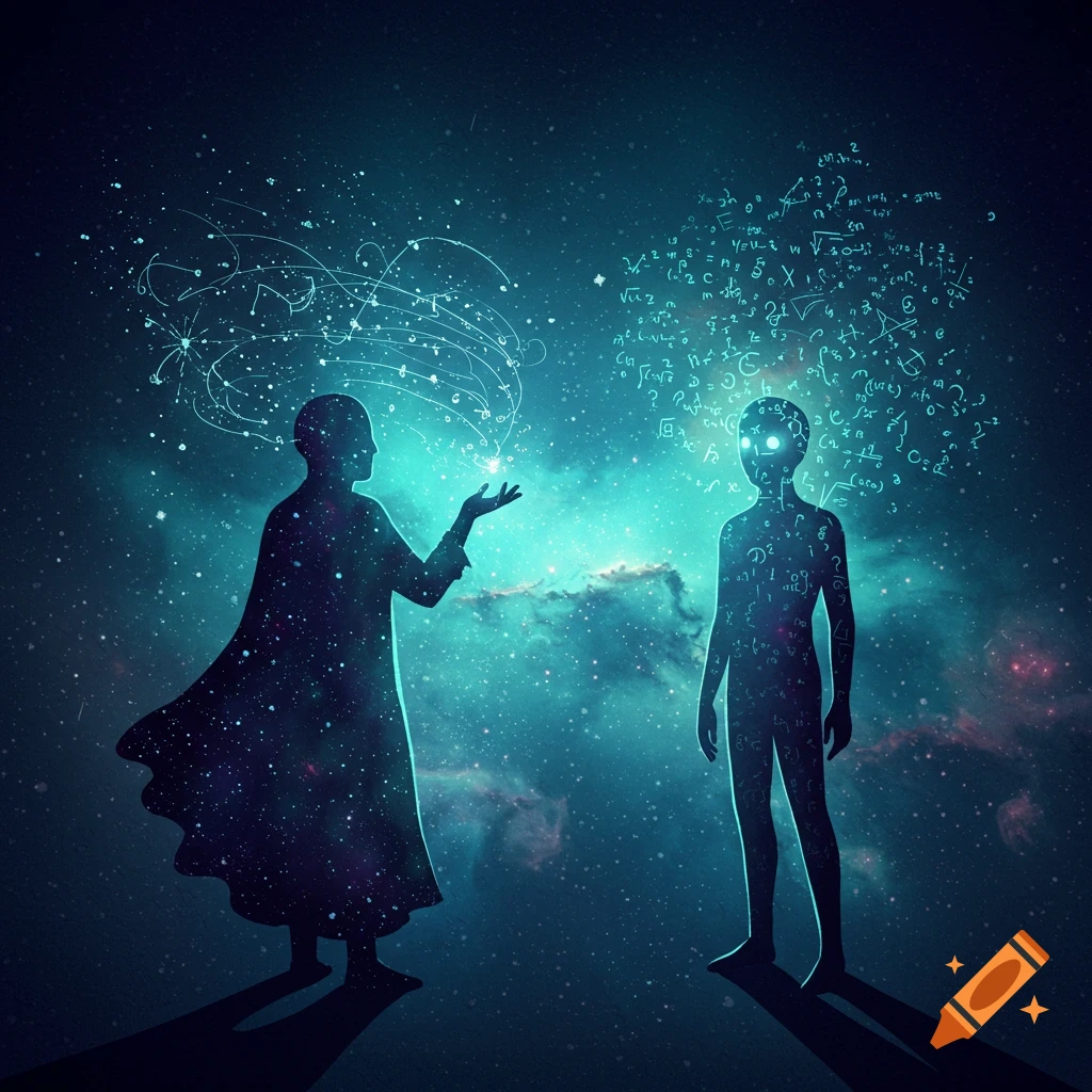 Silhouettes of two figures in space. One emits light and patterns, the other is filled with glowing mathematical equations, representing minds.
