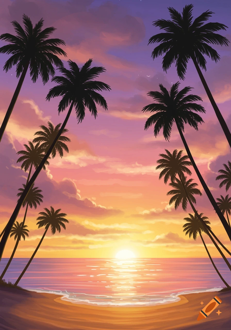 A vibrant sunset over a tropical beach with silhouetted palm trees framing the scene and reflections on the water.