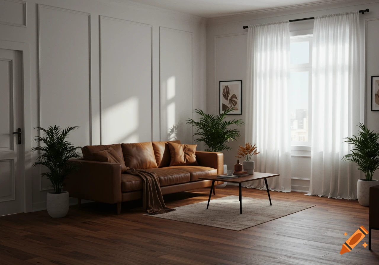 A modern living room featuring a brown leather sofa, wooden floors, white walls, and sheer white curtains, with potted plants.