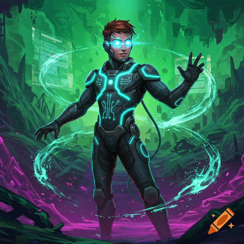 A person in a black futuristic suit with glowing blue-green circuitry stands in a vibrant green and purple alien landscape.