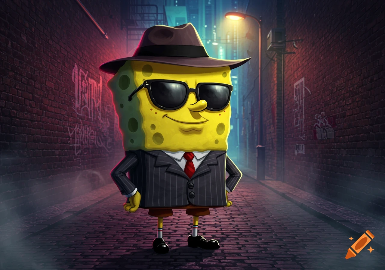 Spongebob Squarepants as a gangster, wearing a pinstripe suit, fedora, and sunglasses, stands in a dark, neon-lit city alley.