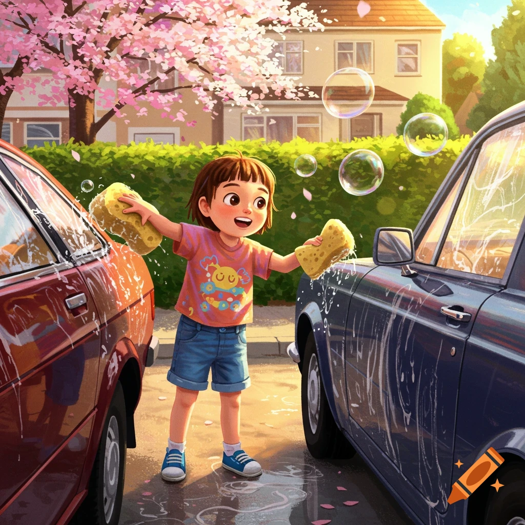 A cheerful cartoon child washes a red and a blue car outdoors on a spring day with cherry blossoms and bubbles.