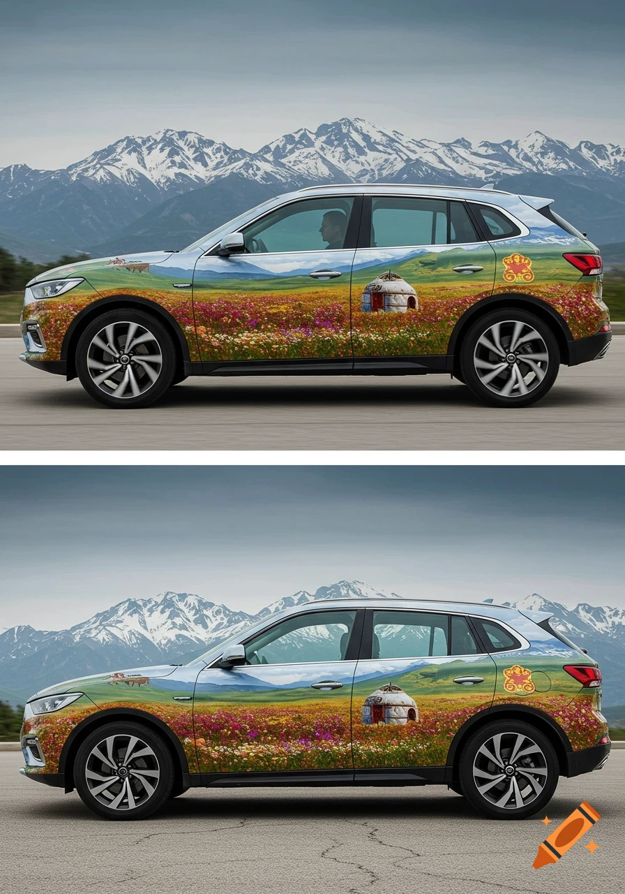 A silver SUV with a colorful wrap depicting a vibrant flower field, a yurt, and mountains, driving on a road.