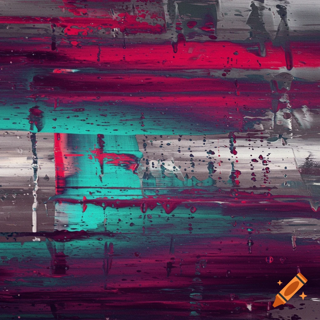 Abstract painting with horizontal streaks and vertical drips of magenta, teal, and gray paint.