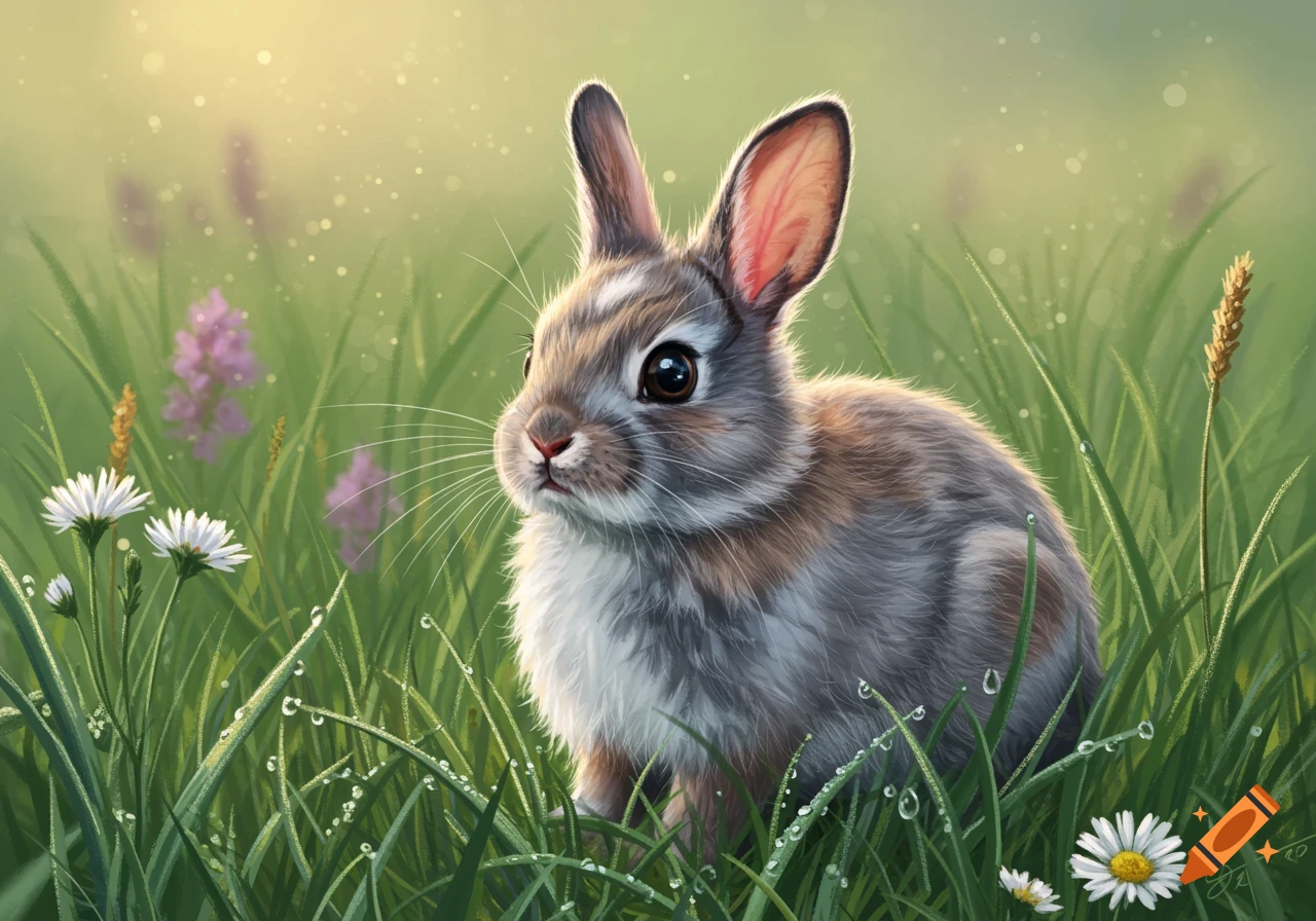 A close-up of a cute, fluffy baby rabbit with large ears sitting in a field of green grass with dew drops and white and purple flowers, bathed in soft sunlight.