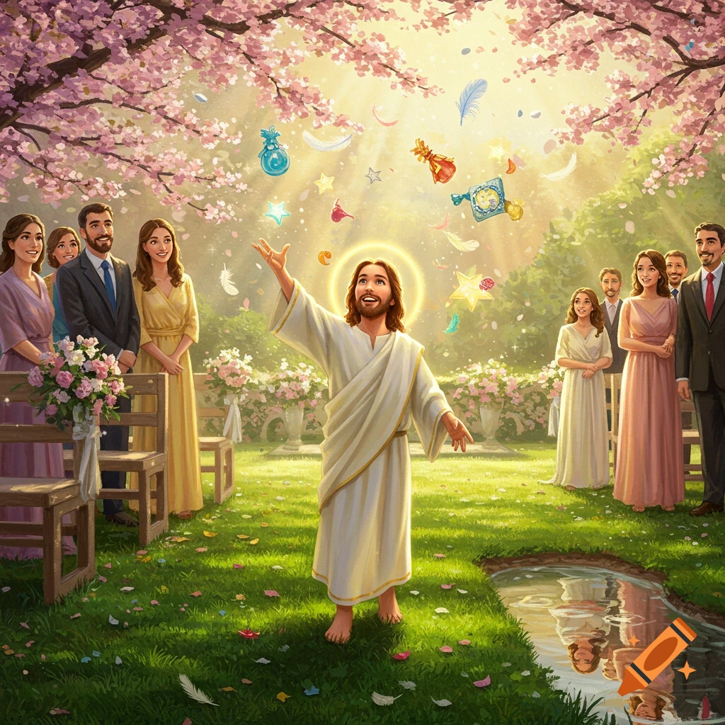 Jesus as a flower boy at a lush outdoor wedding, throwing colorful objects under blooming cherry trees in a detailed illustration.